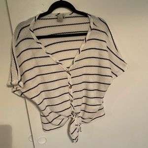Paper Crane Black White Strip Waffle Front Tie Shirt